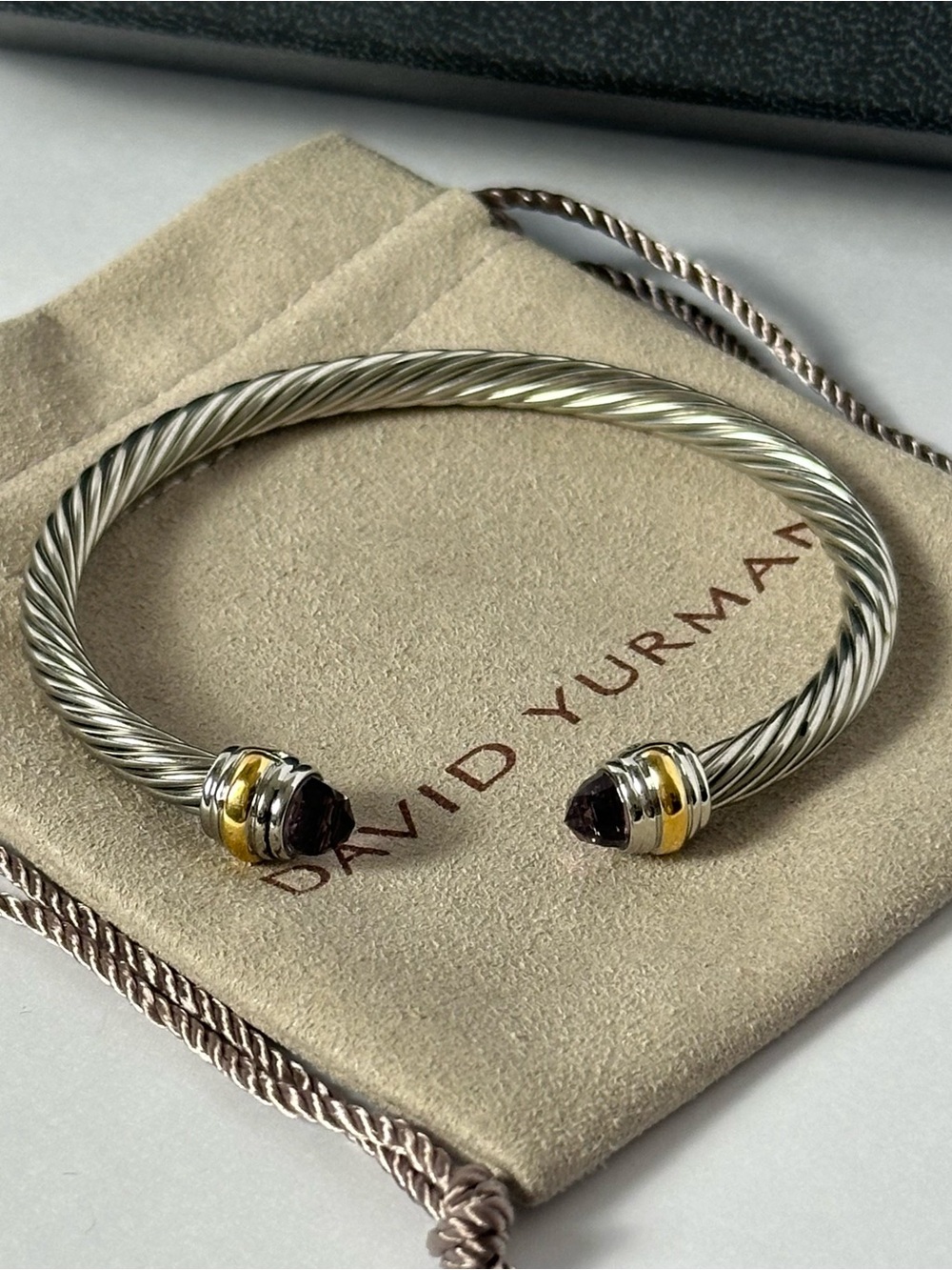 David Yurman 5mm Classic Cable Amethyst and 14kt Gold Accent Cuff Bracelet - Picture 2 of 7